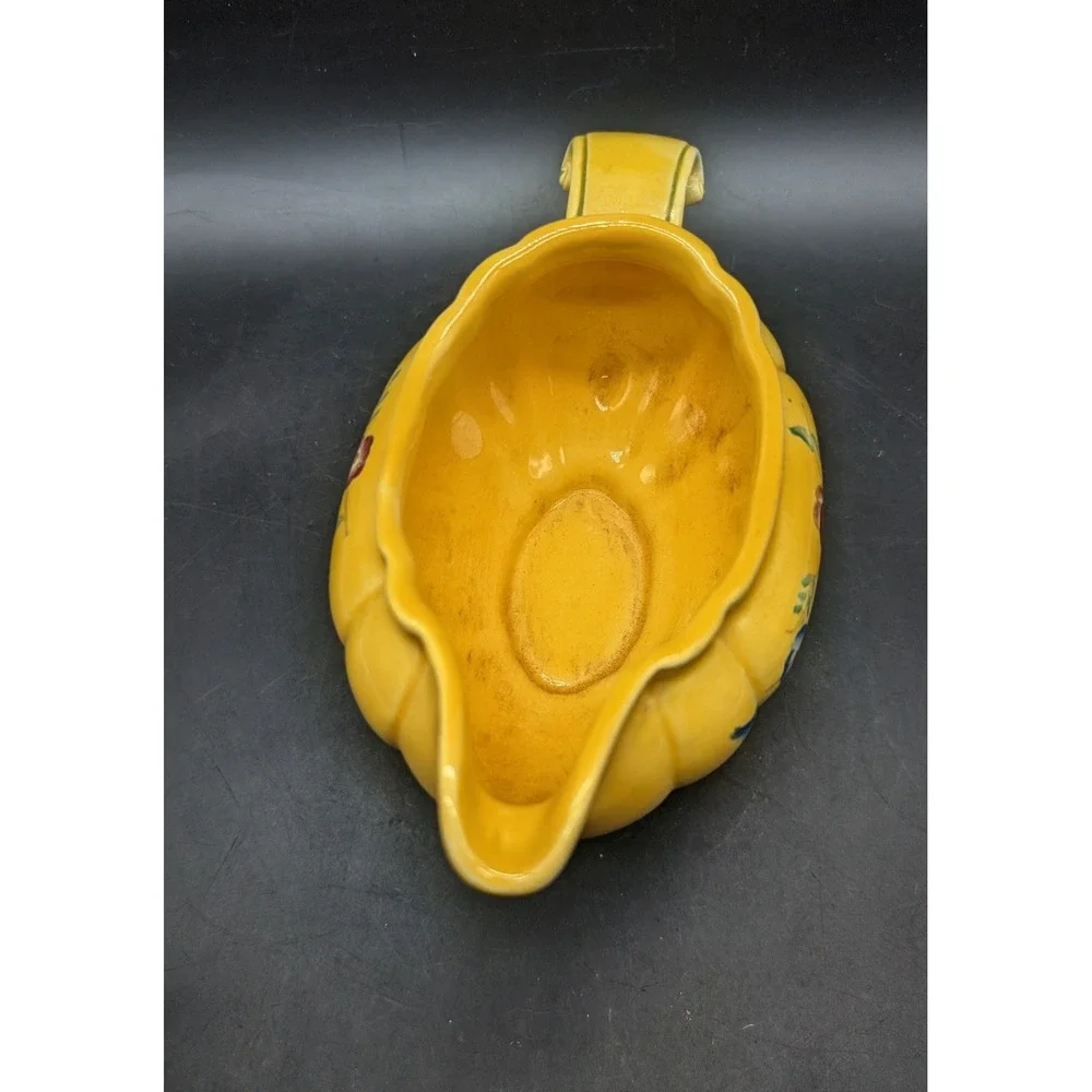 Vintage Longchamp Hand Painted France Yellow Floral Gravy Boat Pedestal 7